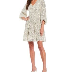 V-Neck 3/4 Balloon Sleeve Sequin Tiered Trapeze Cocktail or Party Dress